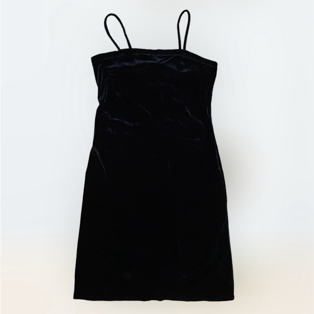 🌸 Vintage 90s black velvety mini dress vtg square neck medium M